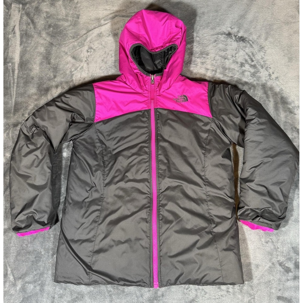 The North Face Puffer Jacket Girls 14/16 Pink Gray Hooded Reversible Fleece Coat